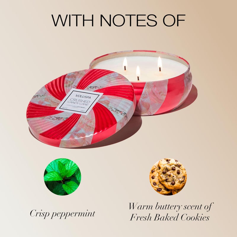 Voluspa Crushed Candy Cane, 3 Wick Tin Candle, 12 oz, 40 Hour Burn Time, Coconut Wax for Clean Burning, Handcrafted in The USA - Image 3